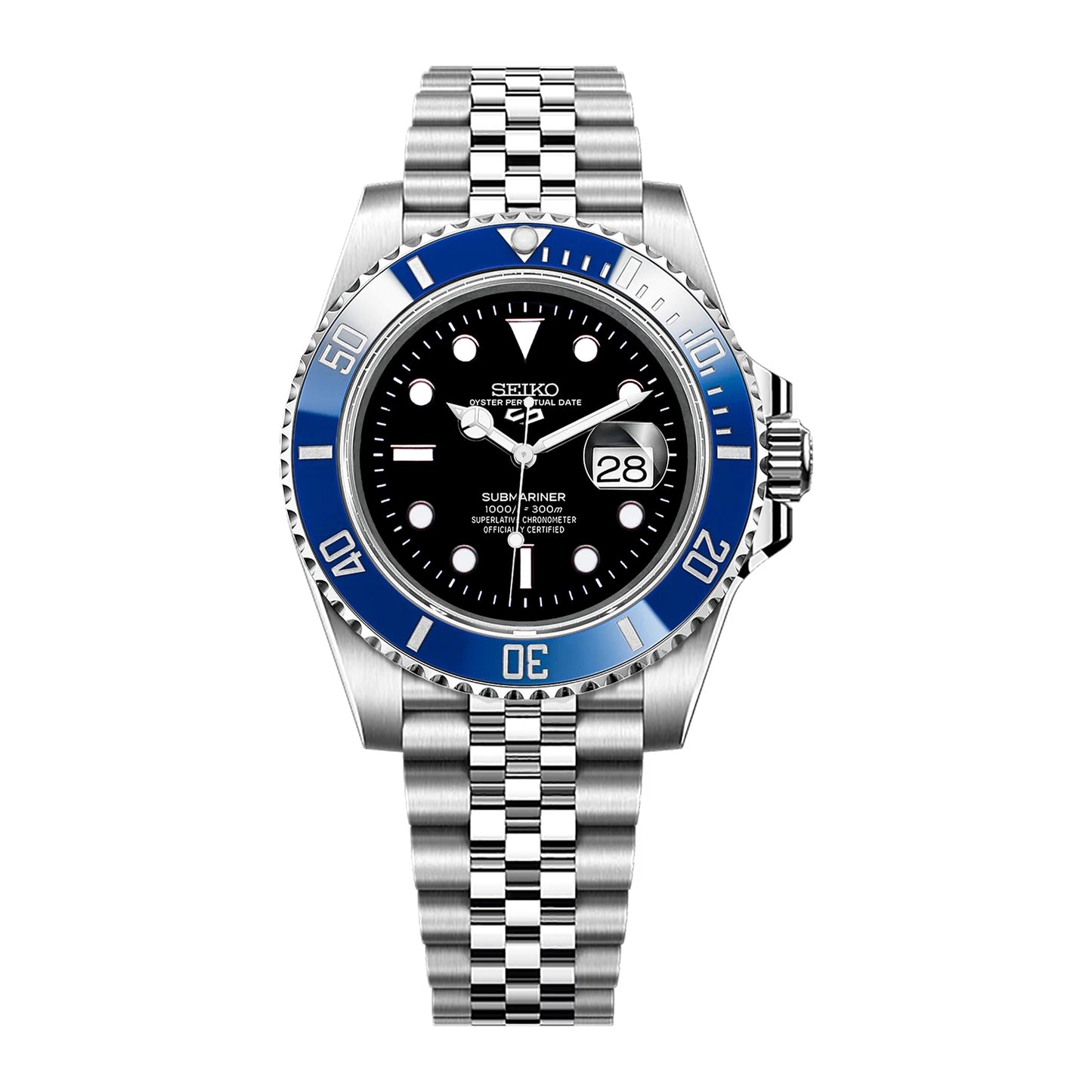Seiko Sports Submariner Stainless Steel Jubilee Black Dial - Blue Bezel Insert