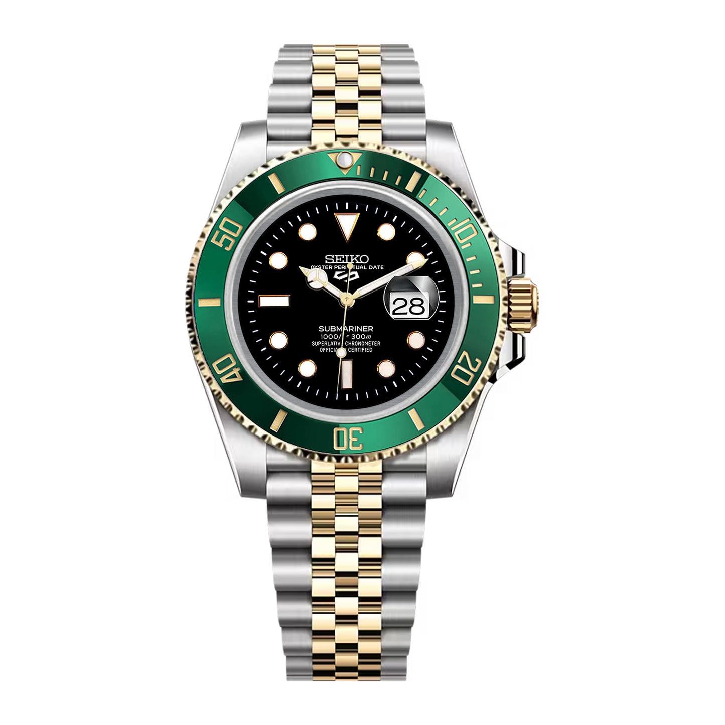 Seiko Sports Submariner Two-tone Jubilee Black Dial - Green and Gold Bezel Insert