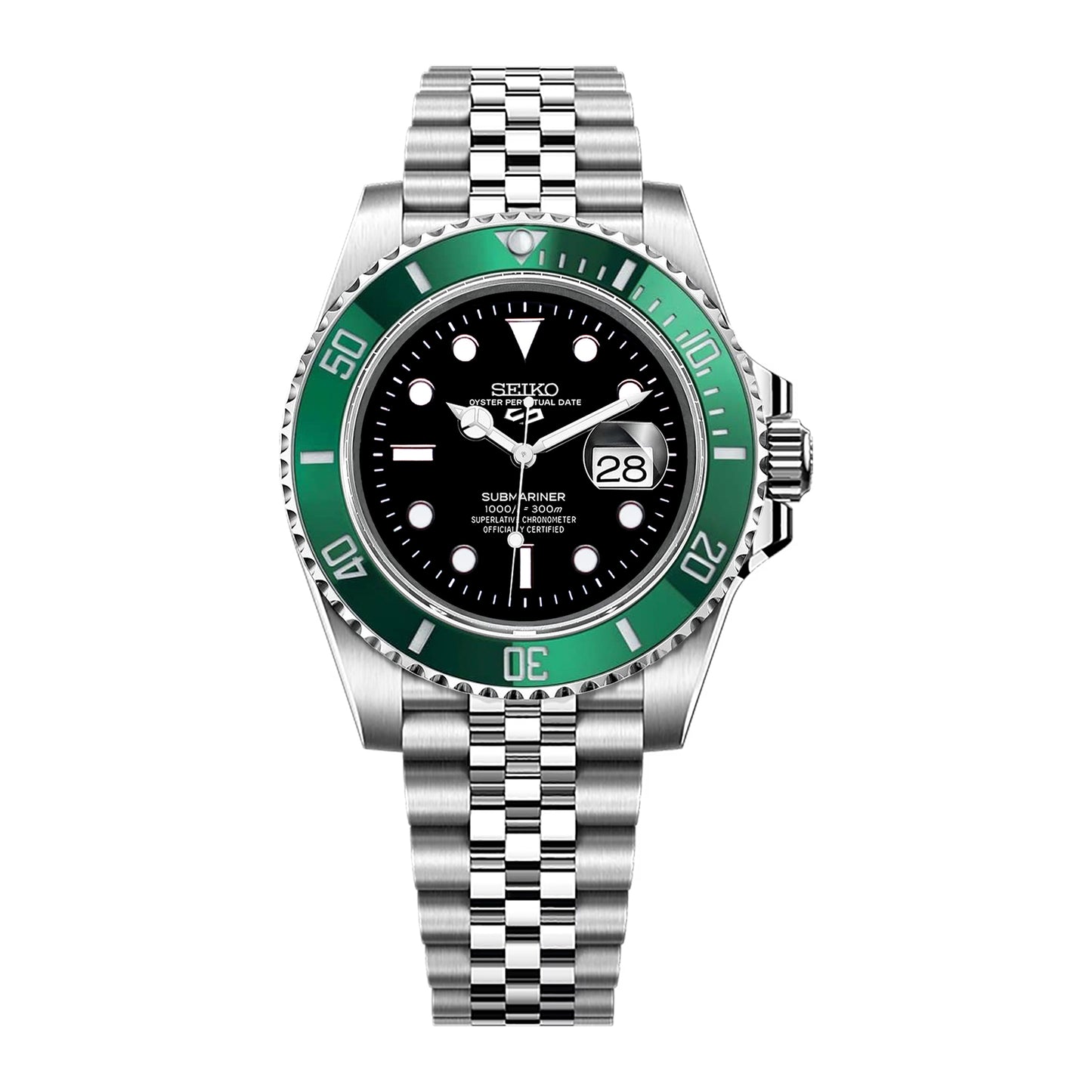 Seiko Sports Submariner Stainless Steel Jubilee Black Dial - Green Bezel Insert