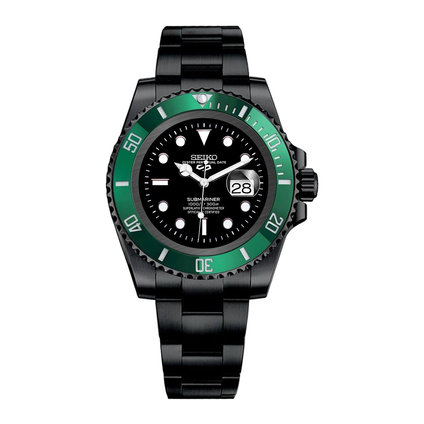 Seiko Sports Submariner PVD Oyster Black Dial - Green Bezel Insert