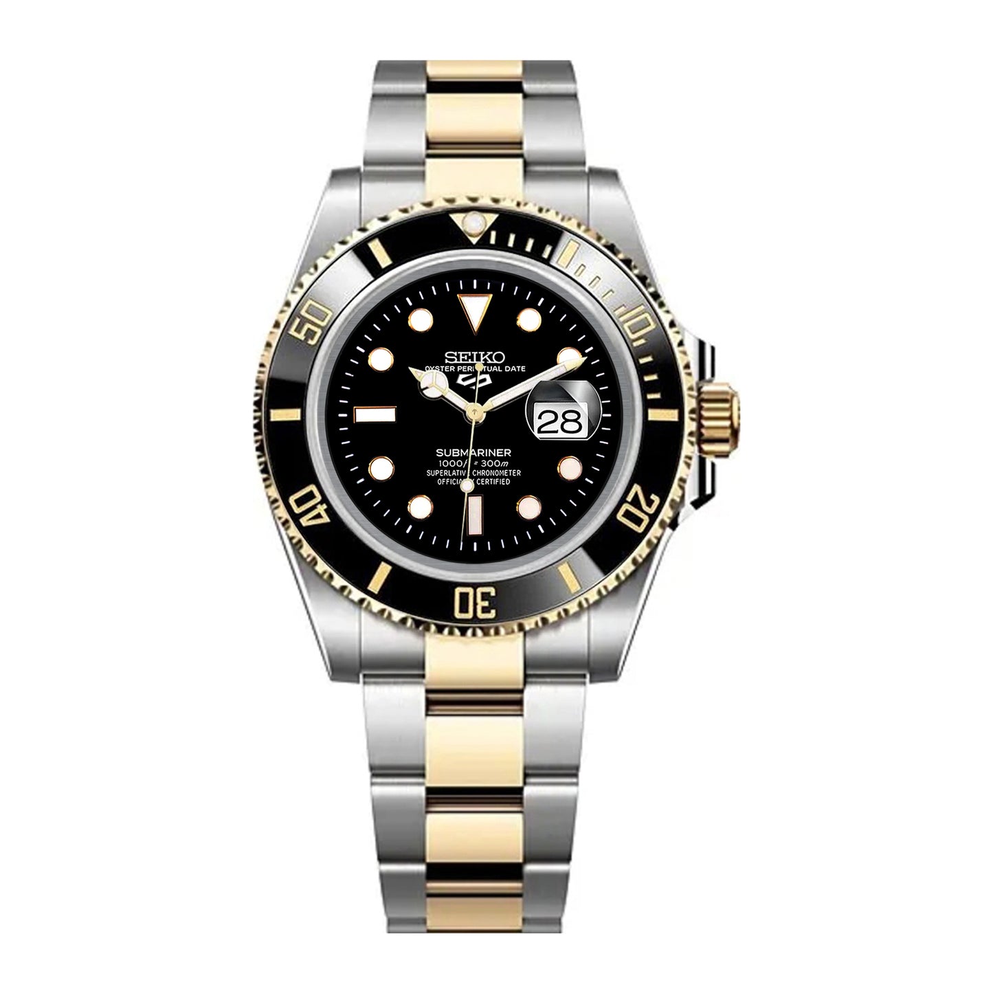 Seiko Sports Submariner Two-tone Oyster Black  Dial - Black and Gold Bezel Insert